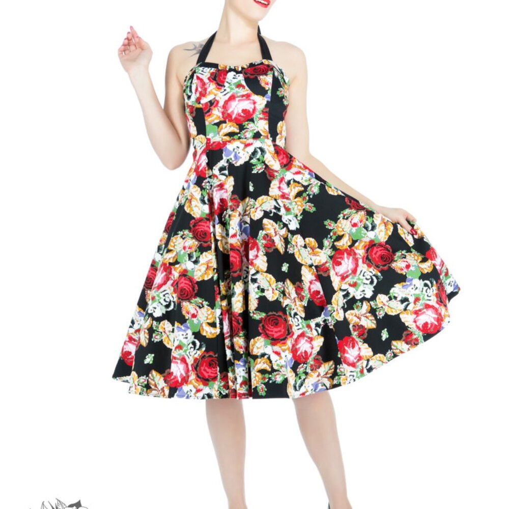 Hearts & Roses Susie Halter Floral Swing Midi Babydoll  Dress Sz 8 Black